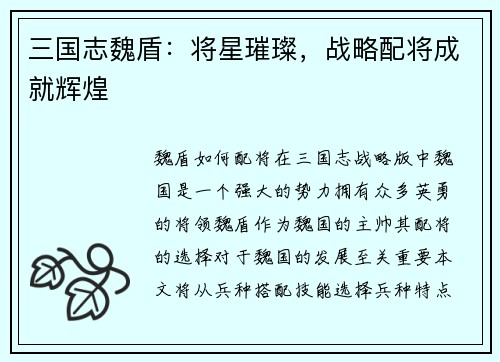 三国志魏盾：将星璀璨，战略配将成就辉煌